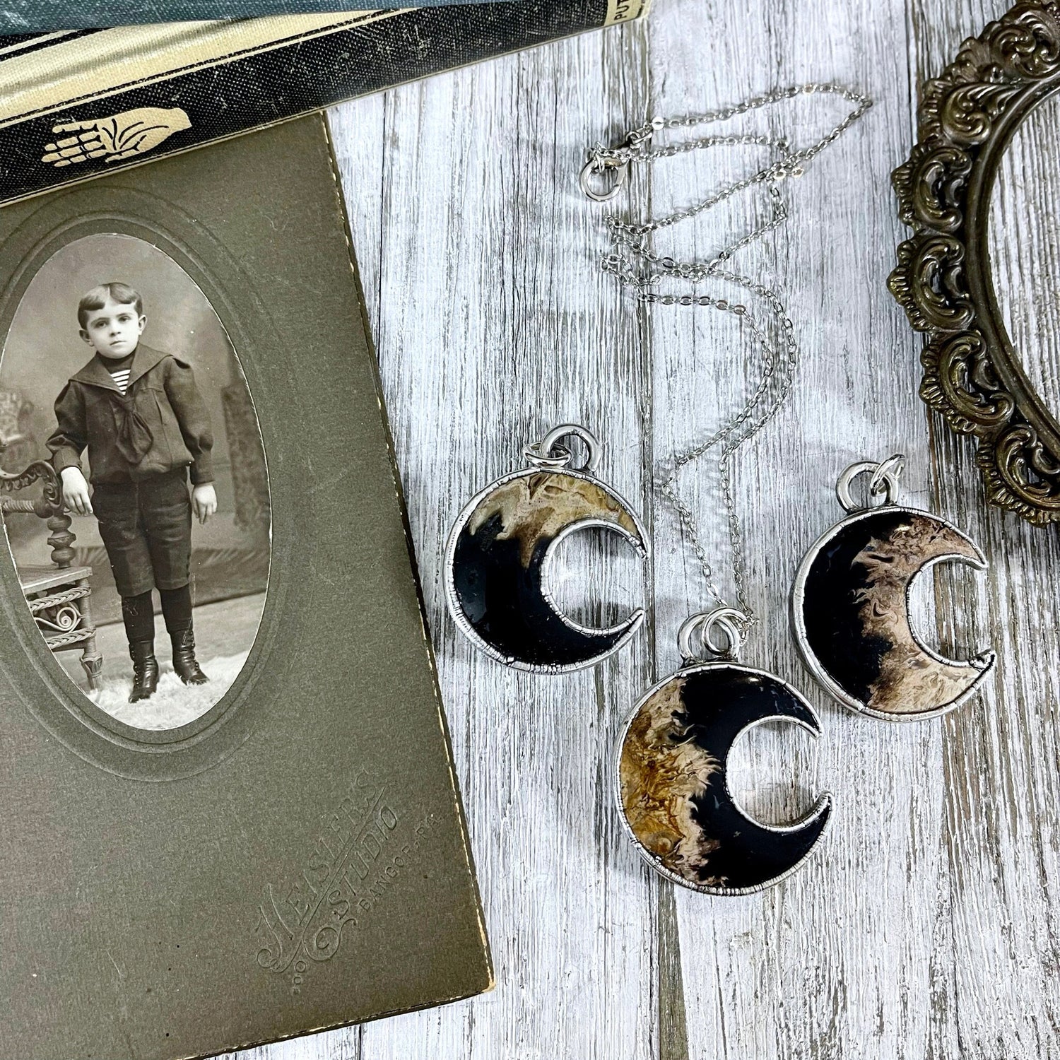 Fossilized Palm Root Crescent Moon Necklace in Fine Silver / Foxlark Collection - One of a Kind