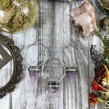 Silver Amethyst Crystal Pendulum Necklace in Fine Silver / Foxlark Collection.