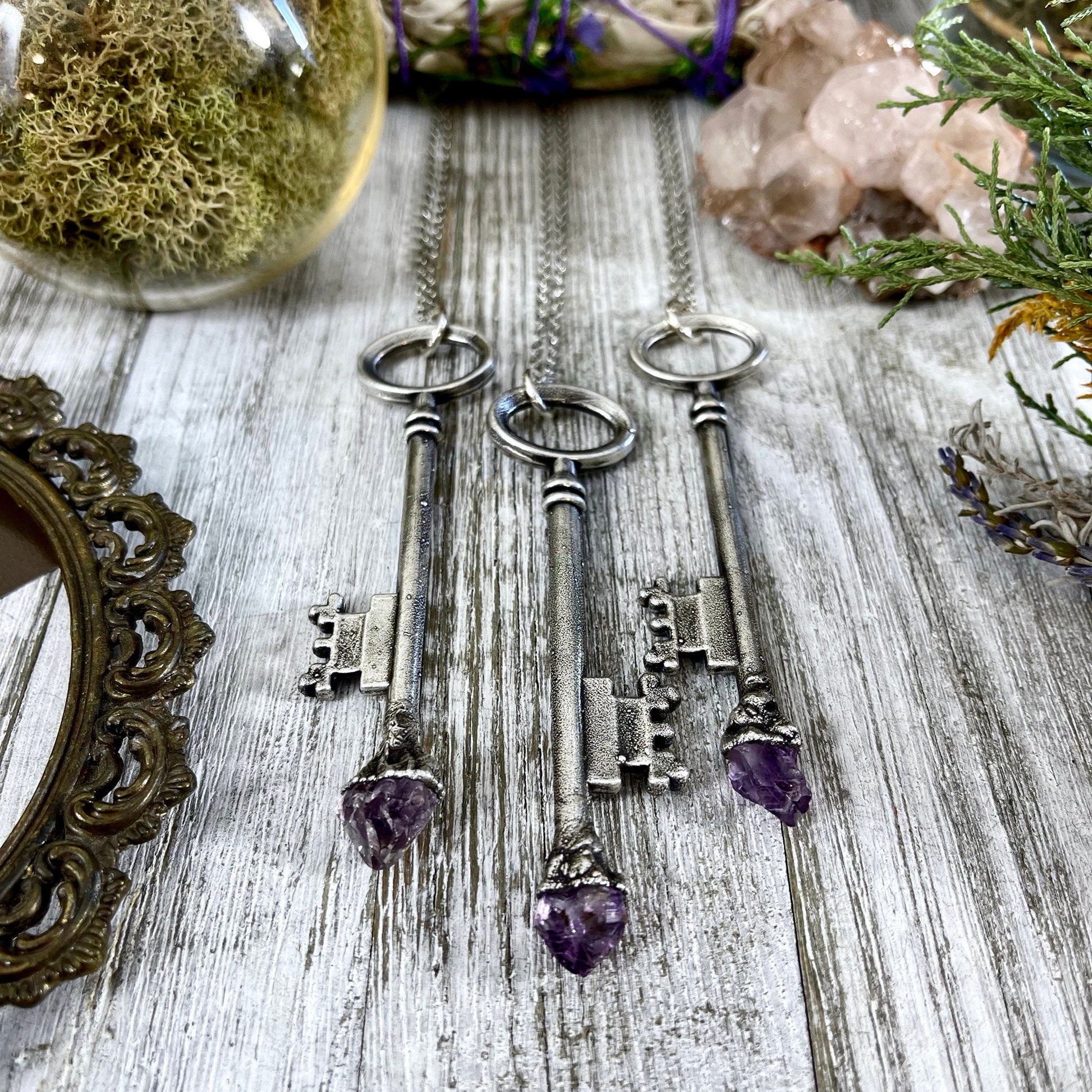antique key necklace, Crystal Necklaces, Etsy ID: 1119611011, FOXLARK- NECKLACES, Gothic Jewelry, Jewelry, Necklaces, Raw Amethyst Jewelry, raw crystal jewelry, Raw crystal necklace, Raw Crystal Pendant, Raw Stone Jewelry, Skeleton Key, Steampunk Jewelry,