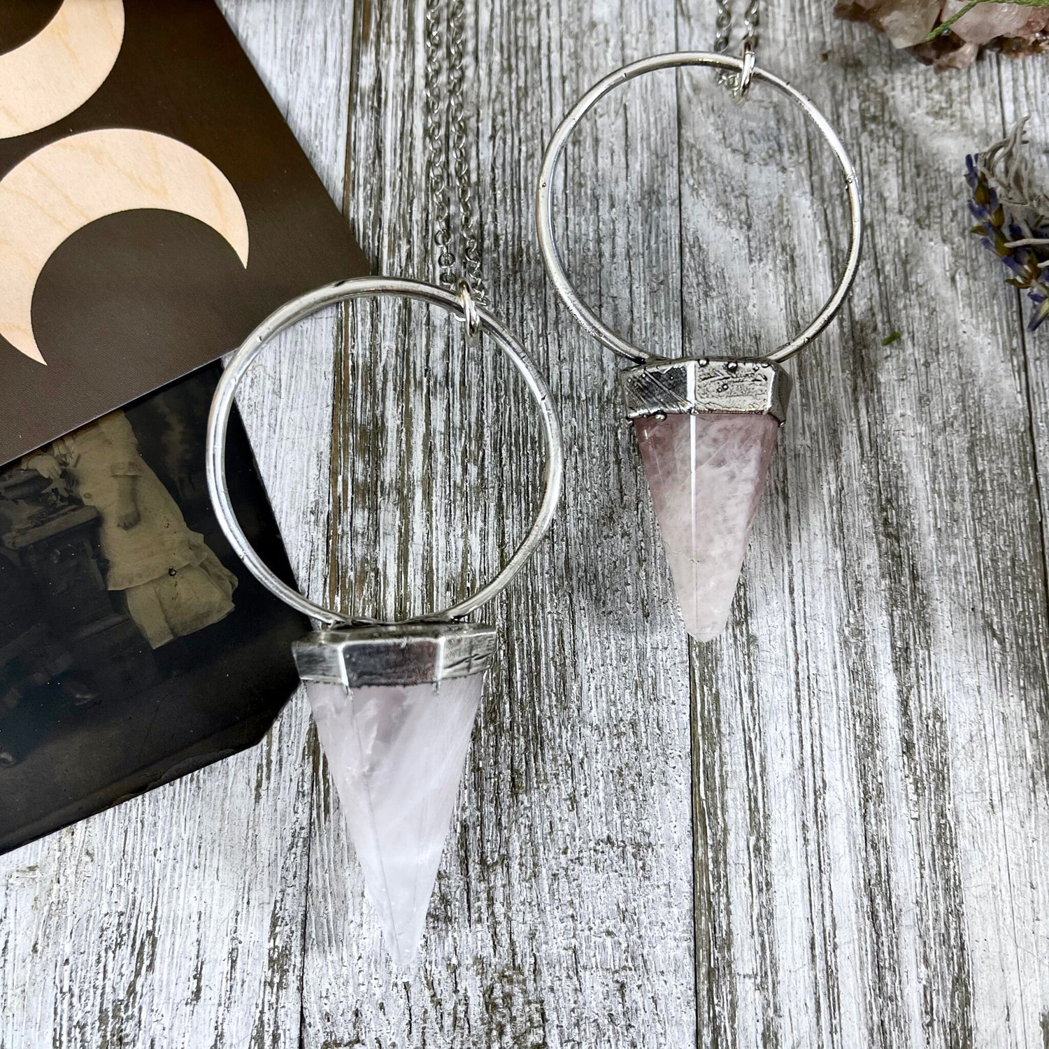 Rose Quartz Crystal Pendulum Necklace Pendant in Fine Silver / Foxlark Collection - One of a Kind