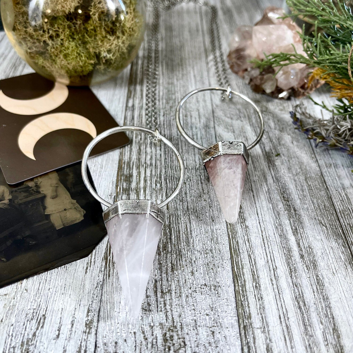 Rose Quartz Crystal Pendulum Necklace Pendant in Fine Silver / Foxlark Collection - One of a Kind