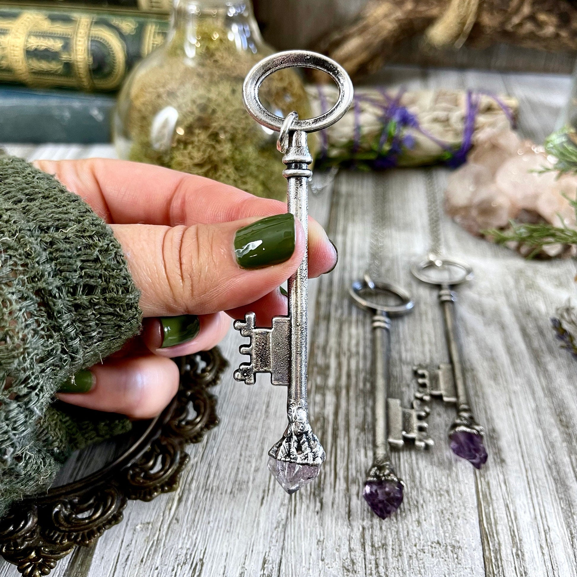 antique key necklace, Crystal Necklaces, Etsy ID: 1119611011, FOXLARK- NECKLACES, Gothic Jewelry, Jewelry, Necklaces, Raw Amethyst Jewelry, raw crystal jewelry, Raw crystal necklace, Raw Crystal Pendant, Raw Stone Jewelry, Skeleton Key, Steampunk Jewelry,
