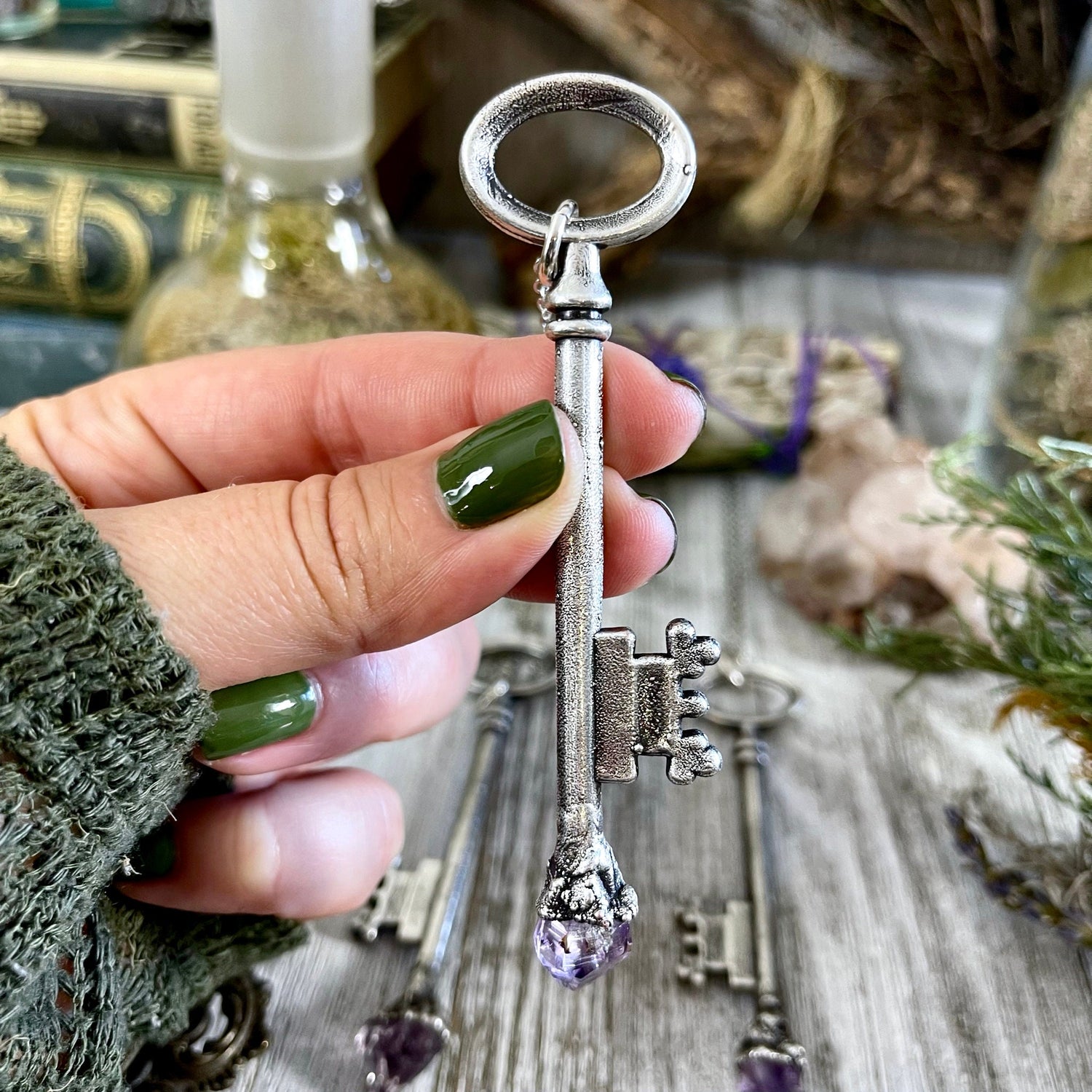 Raw Amethyst Crystal Vintage Skeleton Key Necklace Pendant in Fine Silver /  Foxlark Collection - One of a Kind