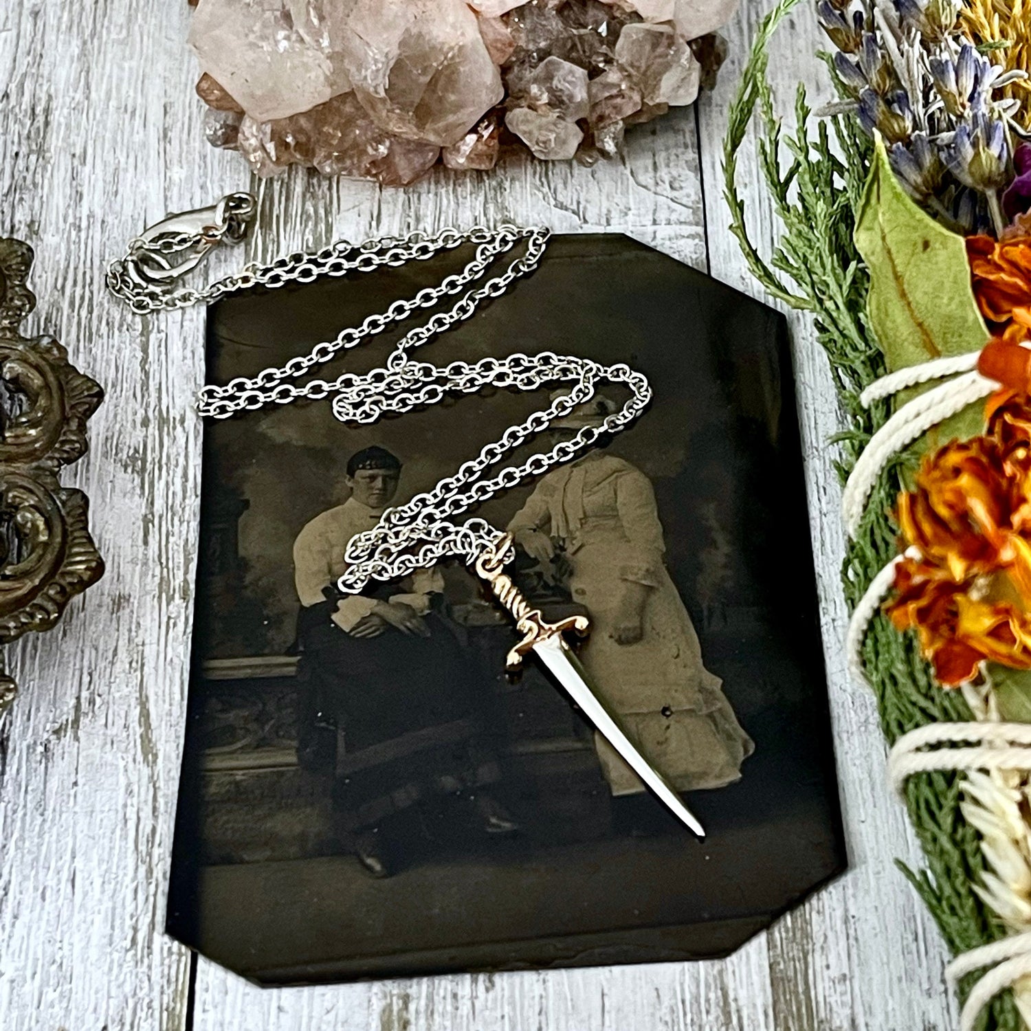 Tiny Talisman Collection - Sterling Silver Sword or Dagger Pendant with Bronze Handle 41x10mm / Curated Collection 925