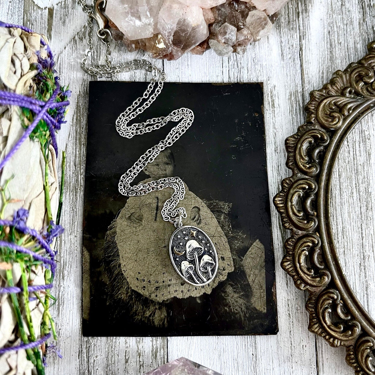 Tiny Talisman Collection - Silver Mushroom with Bronze Star and Moon Necklace 26x15mm / - Foxlark Crystal Jewelry