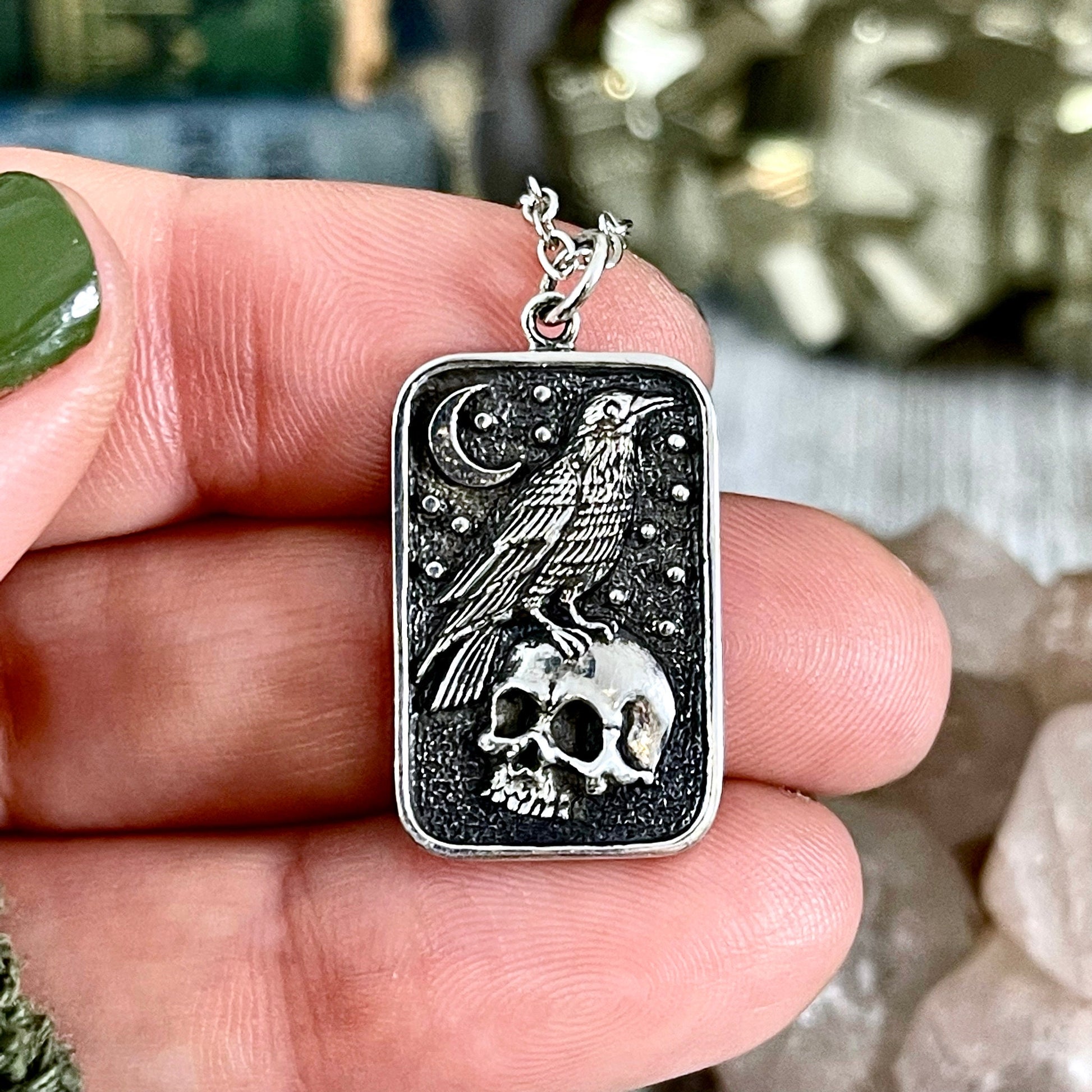 Tiny Talisman Collection - Sterling Silver Skull and Raven Pendant Necklace 29x15mm / - Foxlark Crystal Jewelry