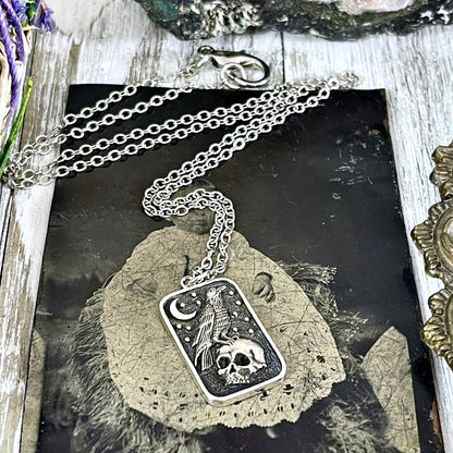 Tiny Talisman Collection - Sterling Silver Skull and Raven Pendant Necklace 29x15mm  /.