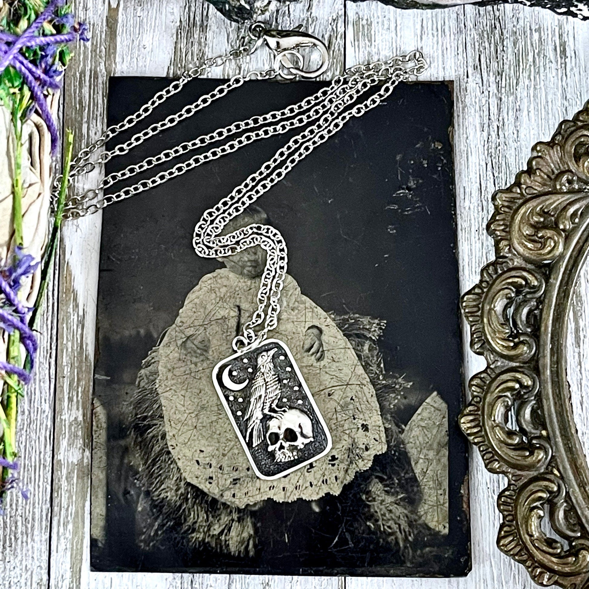 Tiny Talisman Collection - Sterling Silver Skull and Raven Pendant Necklace 29x15mm / - Foxlark Crystal Jewelry