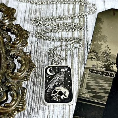 Tiny Talisman Collection - Sterling Silver Skull and Raven Pendant Necklace 29x15mm  /.
