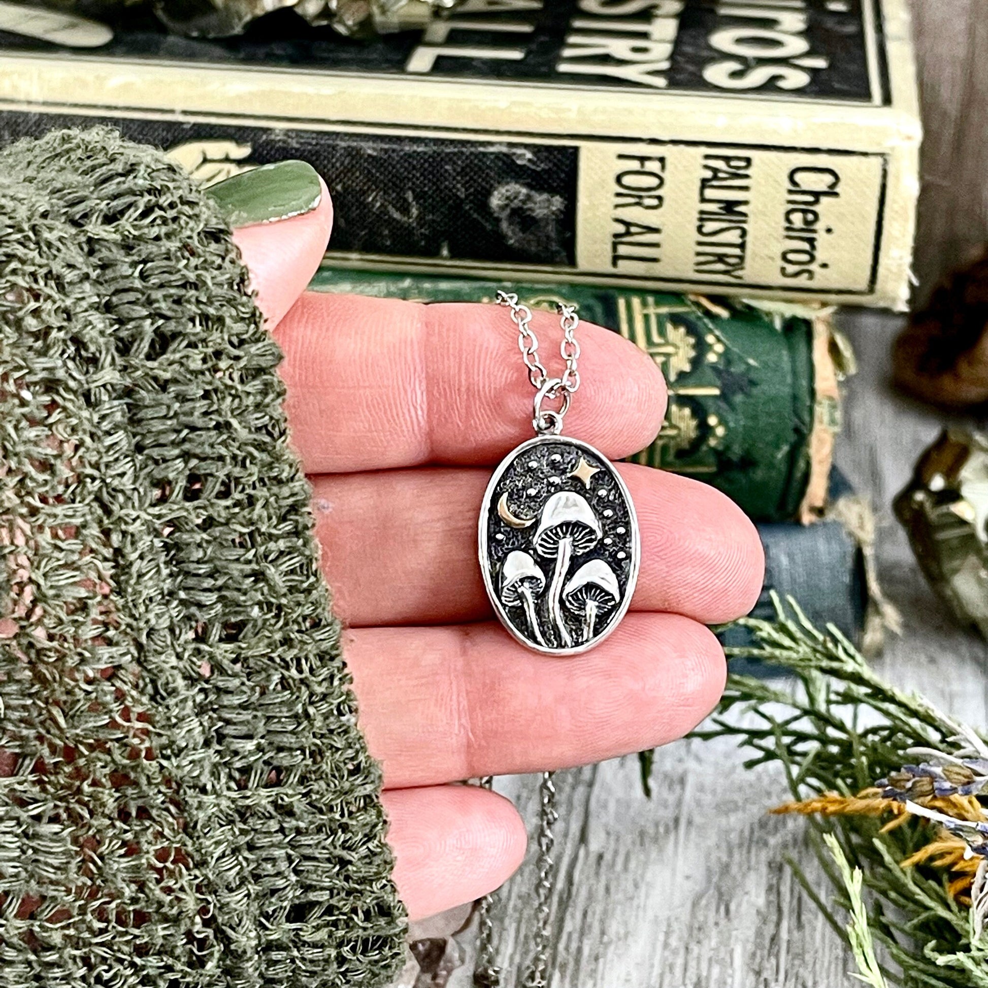 Tiny Talisman Collection - Silver Mushroom with Bronze Star and Moon Necklace 26x15mm / - Foxlark Crystal Jewelry