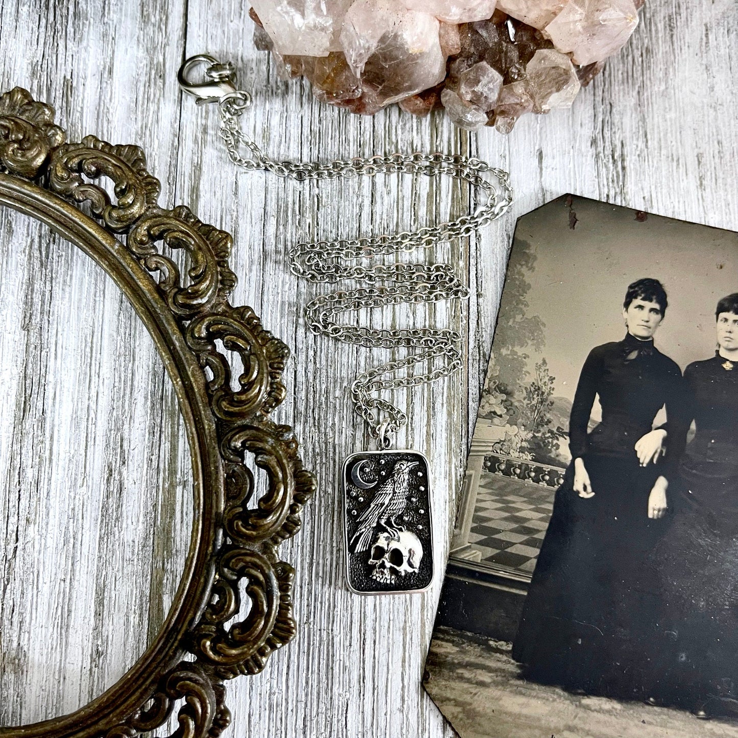 Tiny Talisman Collection - Sterling Silver Skull and Raven Pendant Necklace 29x15mm / - Foxlark Crystal Jewelry