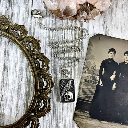 Tiny Talisman Collection - Sterling Silver Skull and Raven Pendant Necklace 29x15mm  /.