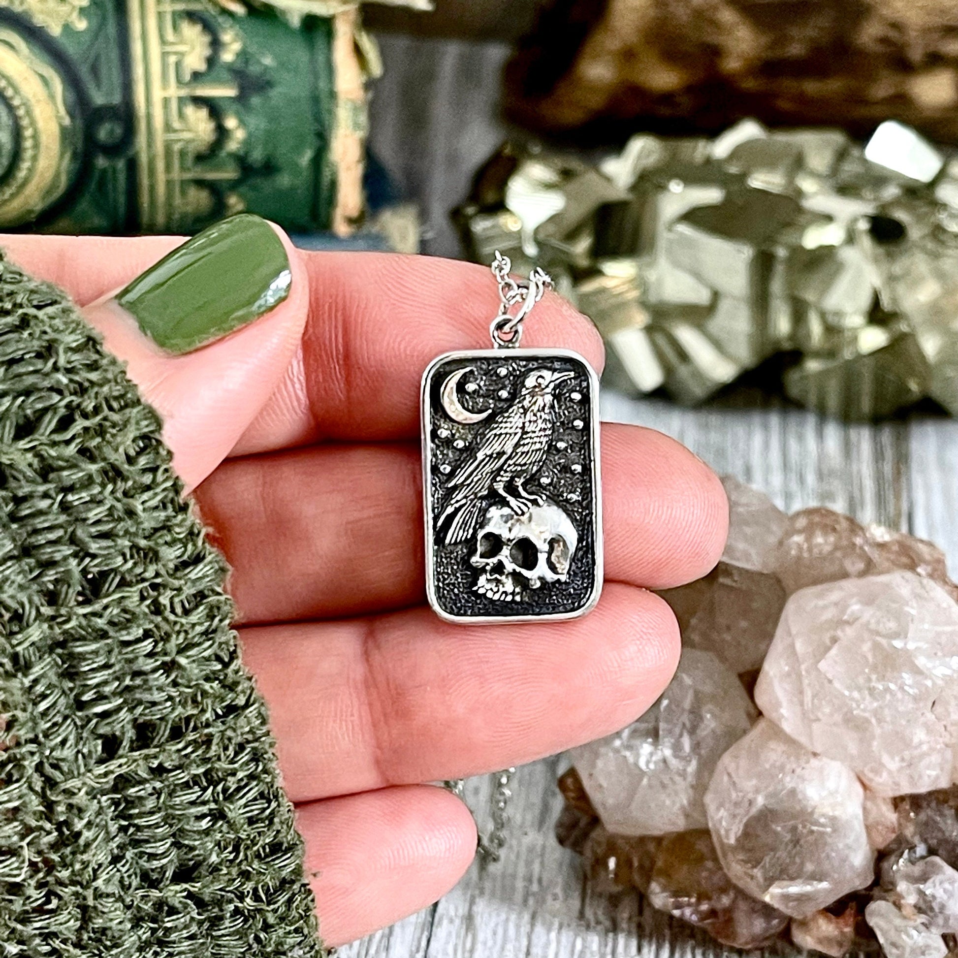 Tiny Talisman Collection - Sterling Silver Skull and Raven Pendant Necklace 29x15mm / - Foxlark Crystal Jewelry