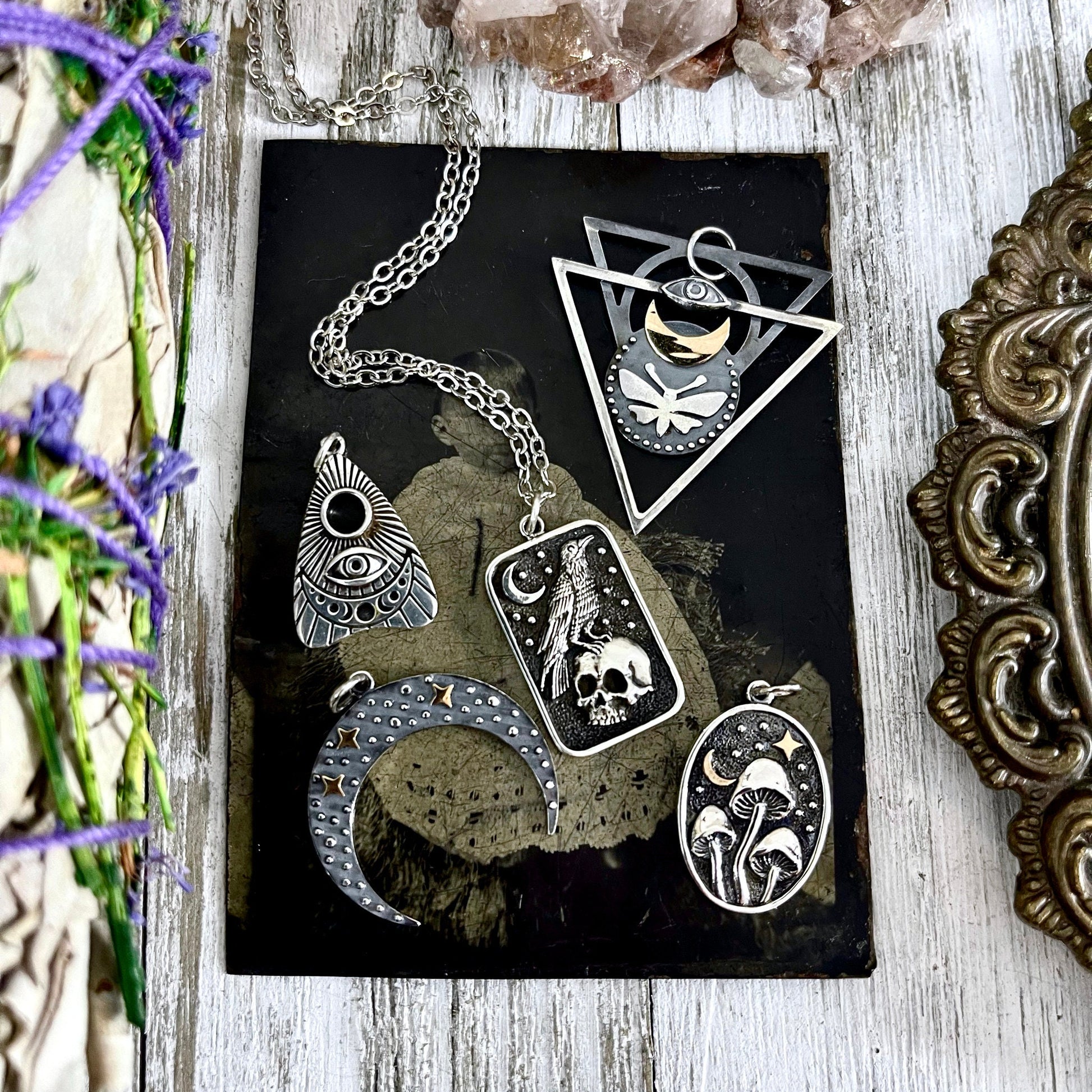 Tiny Talisman Collection - Sterling Silver Skull and Raven Pendant Necklace 29x15mm / - Foxlark Crystal Jewelry