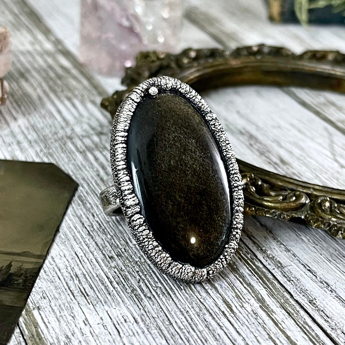 Size 7 Silver Sheen Obsidian Statement Ring in fine Silver / Foxlark Collection - One of a Kind