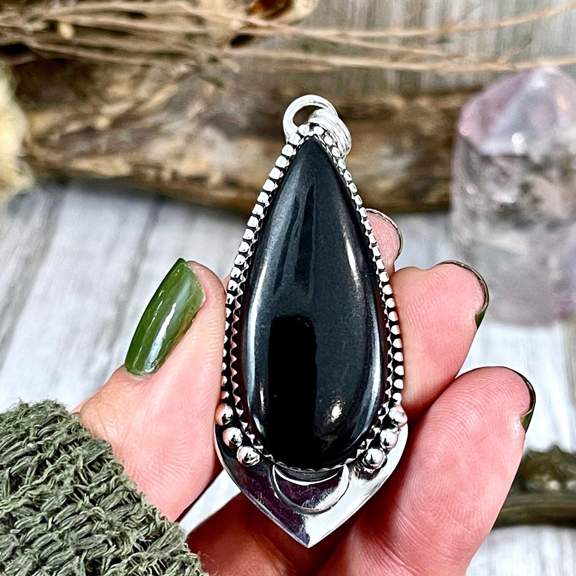 Midnight Moon Necklace- Black Onyx Crystal Teardrop Necklace in Sterling Silver -Designed by FOXLARK Collection/ Witchy Crystal Necklace