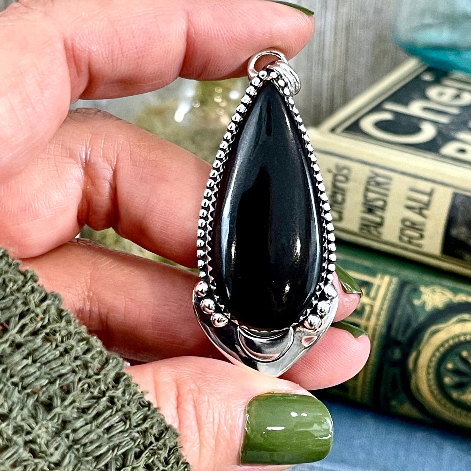 Midnight Moon Necklace- Black Onyx Crystal Teardrop Necklace in Sterling Silver -Designed by FOXLARK Collection/ Witchy Crystal Necklace