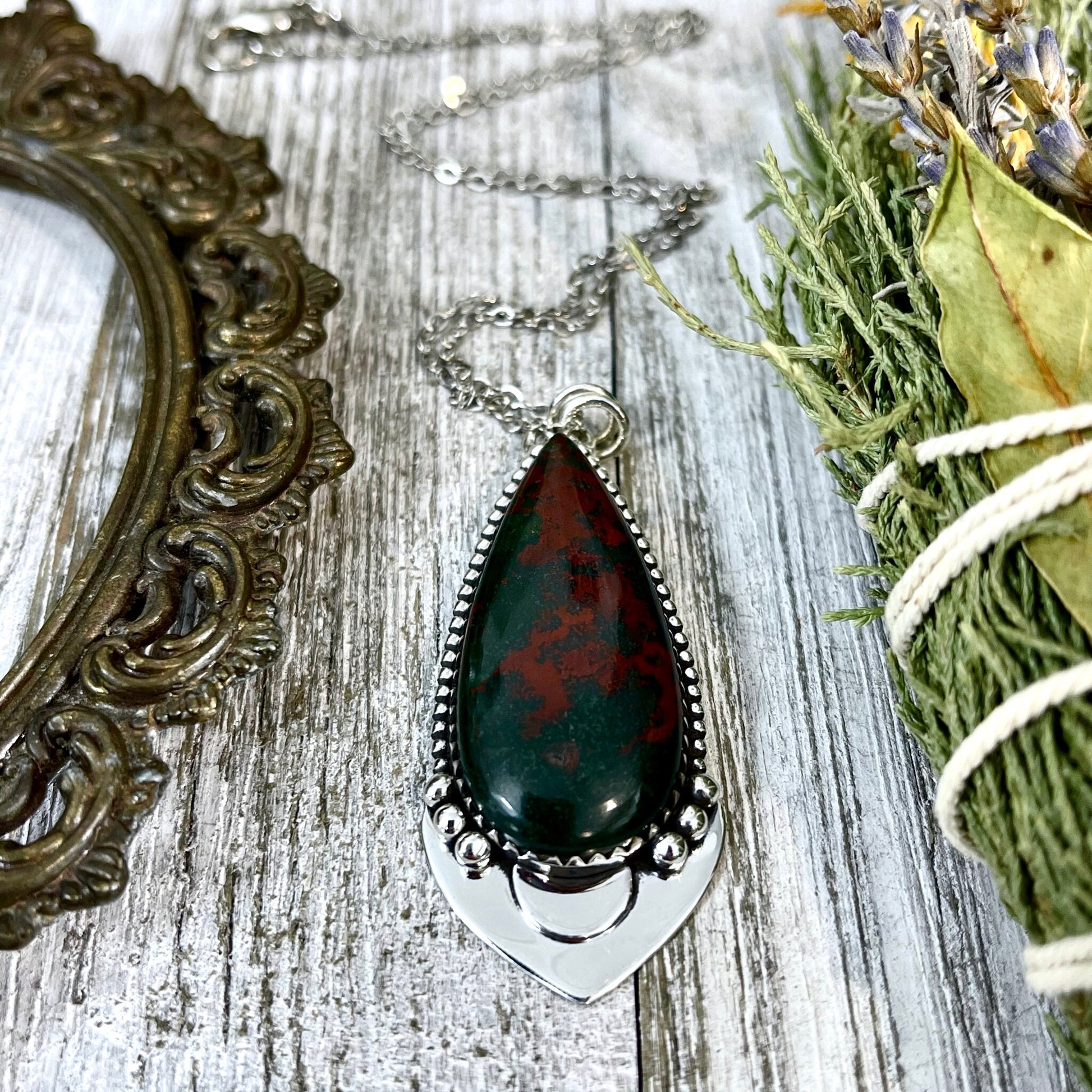 Midnight Moon Necklace - Bloodstone Crystal Teardrop Necklace in Sterling Silver -Designed by FOXLARK Collection/ Witchy Crystal Necklace