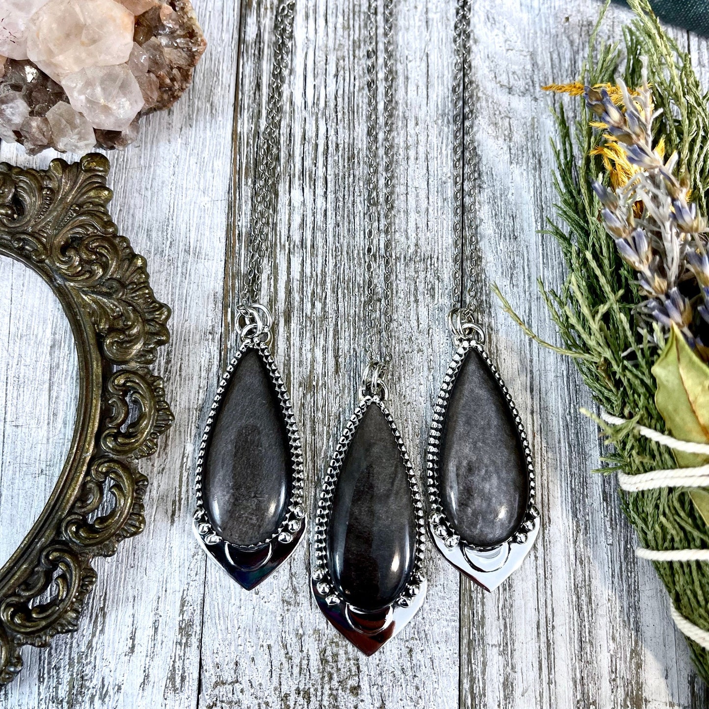Midnight Moon Necklace - Silver Sheen Crystal Teardrop Necklace in Sterling Silver -Designed by FOXLARK Collection / Gothic Jewelry