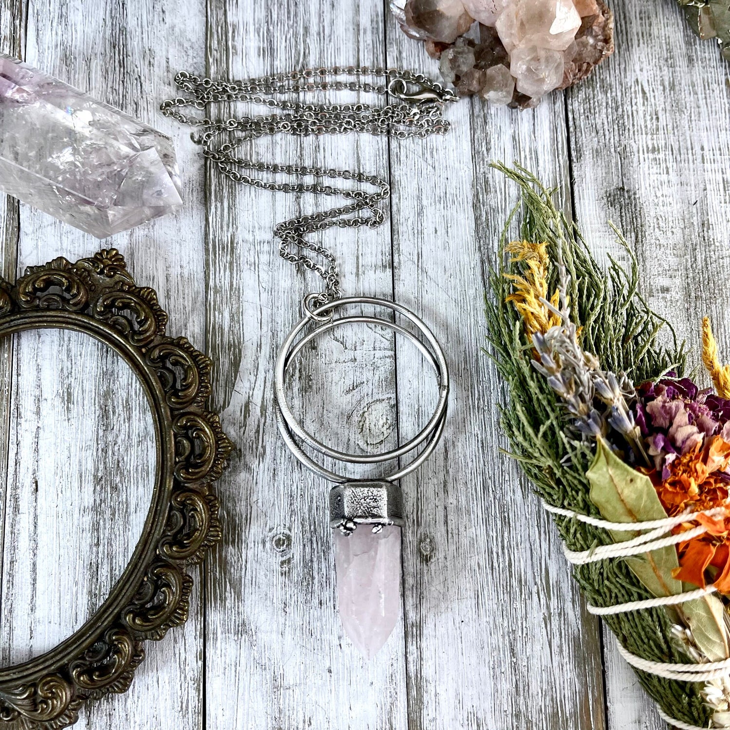 Silver Crystal Necklace Rose Quartz Necklace / Pink Quartz Necklace Natural Stone Necklace / Statement Jewelry Bohemian Jewelry