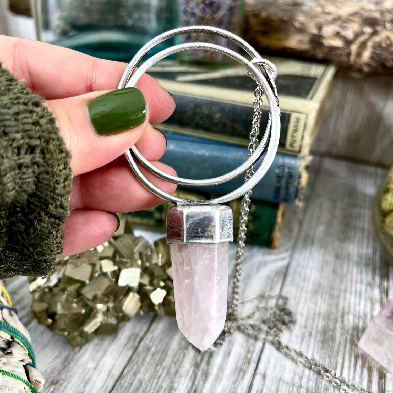 Silver Crystal Necklace Rose Quartz Necklace / Pink Quartz Necklace Natural Stone Necklace / Statement Jewelry Bohemian Jewelry