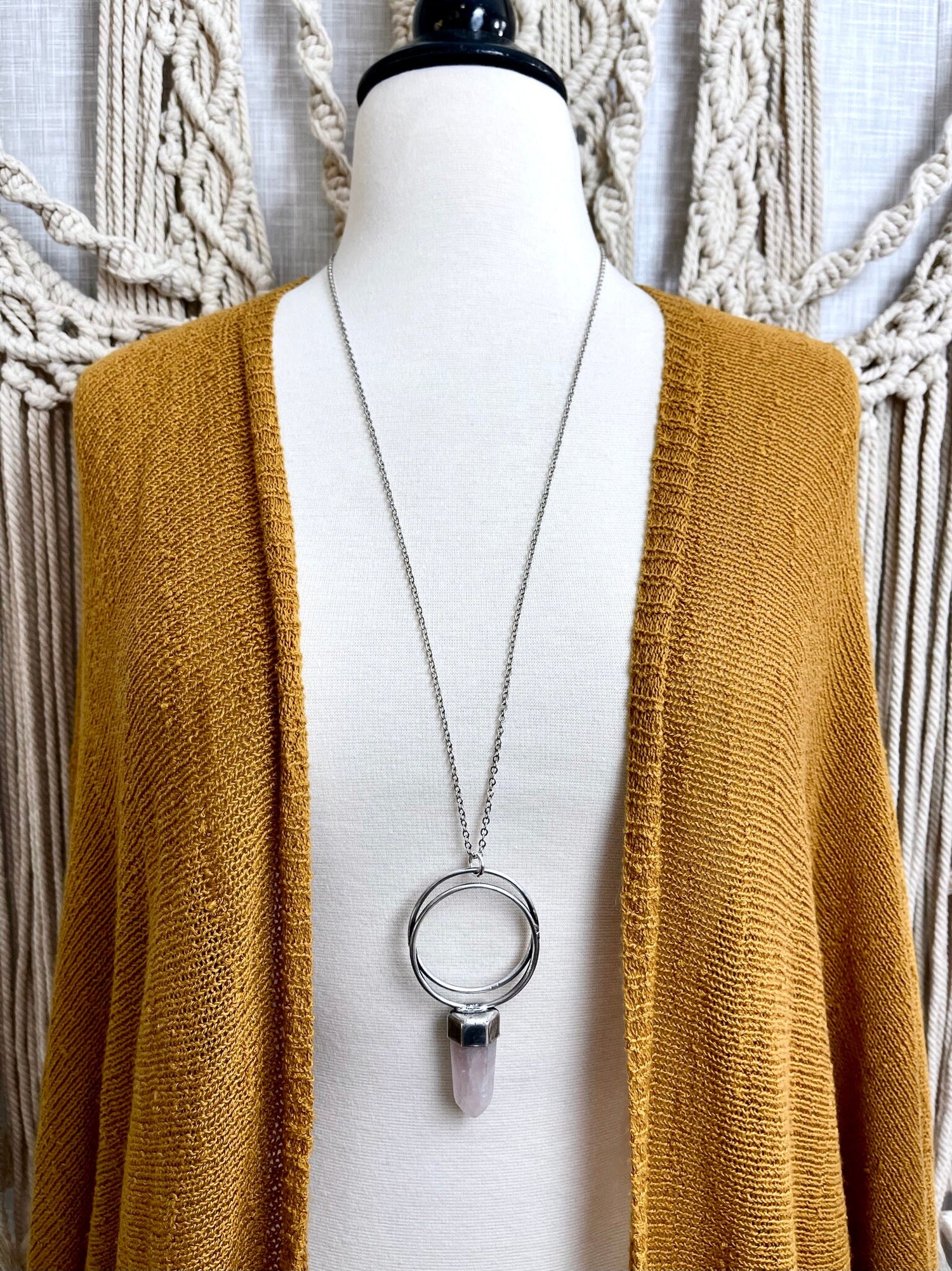 Silver Crystal Necklace Rose Quartz Necklace / Pink Quartz Necklace Natural Stone Necklace / Statement Jewelry Bohemian Jewelry