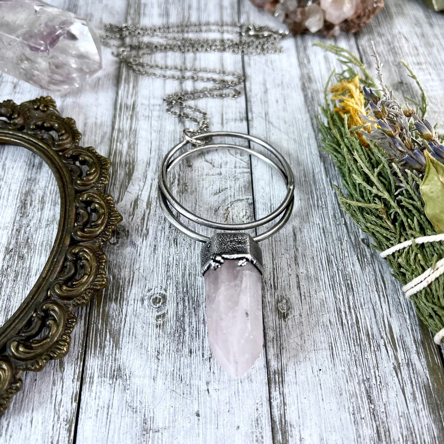 Silver Crystal Necklace Rose Quartz Necklace / Pink Quartz Necklace Natural Stone Necklace / Statement Jewelry Bohemian Jewelry
