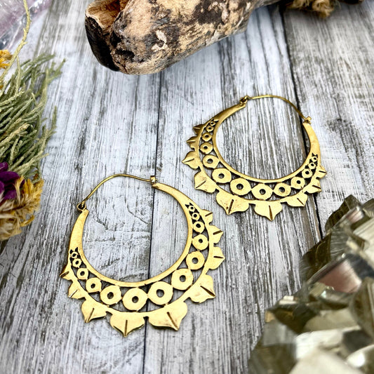Large Brass Dots Decorated Hoop Earrings.