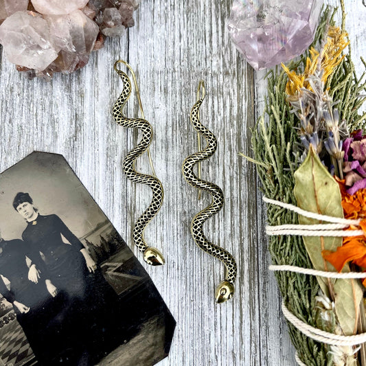 Long Large Brass Serpent / Snake Earrings - Foxlark Crystal Jewelry
