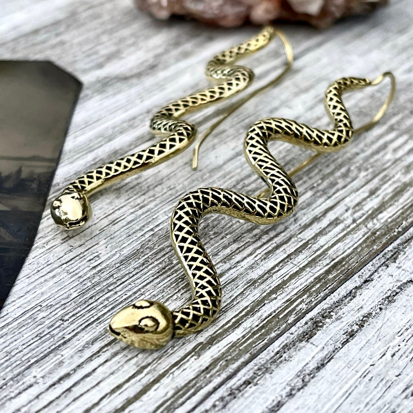 Long Large Brass Serpent / Snake Earrings