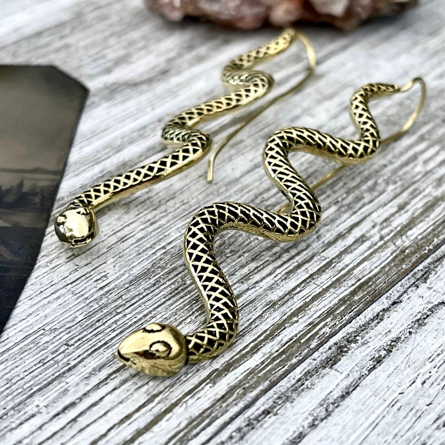 Long Large Brass Serpent / Snake Earrings