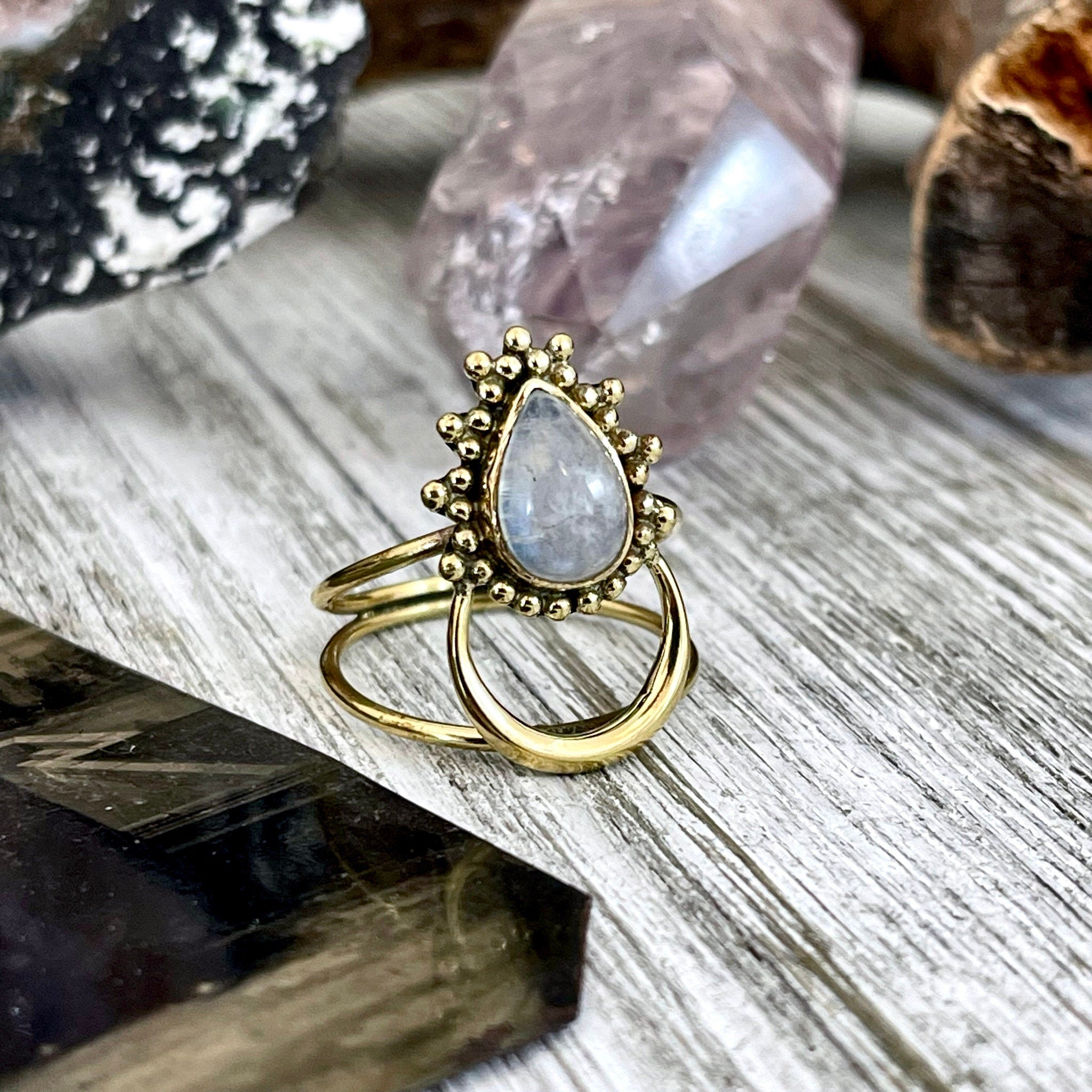 Beautiful Crescent Moon Rainbow Moonstone Statement Ring Set in Brass Curated by FOXLARK Collection
