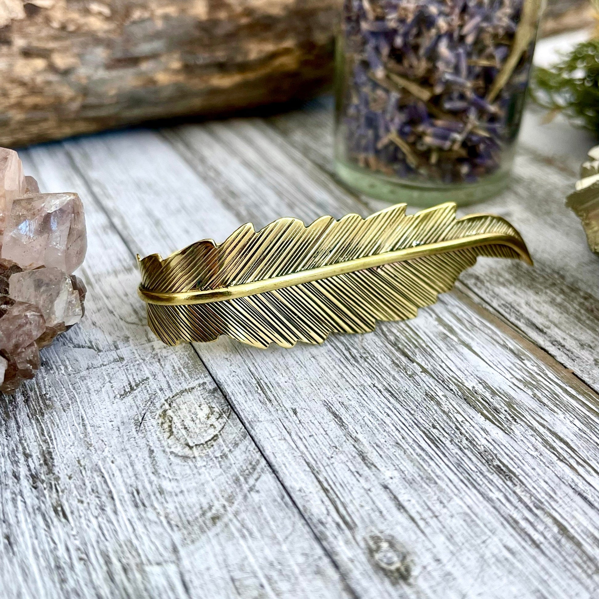 Large Adjustable Brass Feather Statement Ring / Curated by FOXLARK Collection - Foxlark Crystal Jewelry