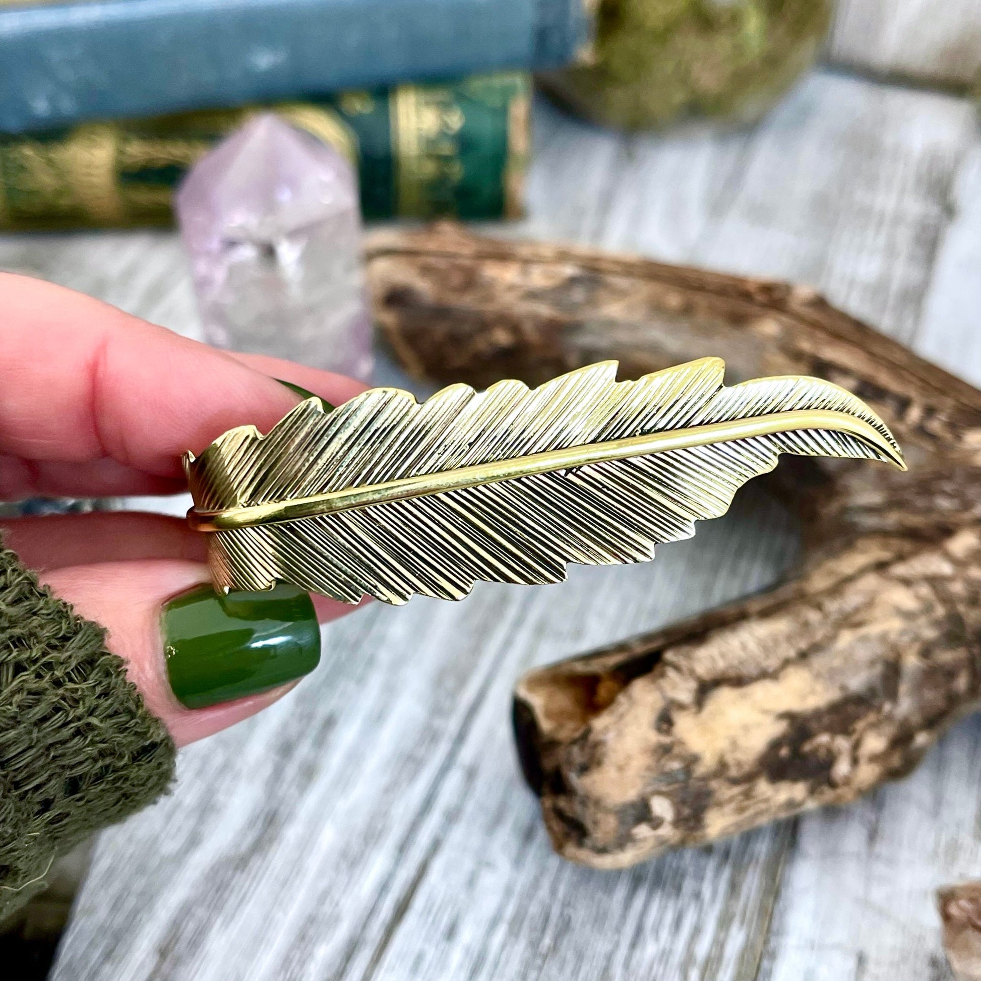 Large Adjustable Brass Feather Statement Ring / Curated by FOXLARK Collection - Foxlark Crystal Jewelry