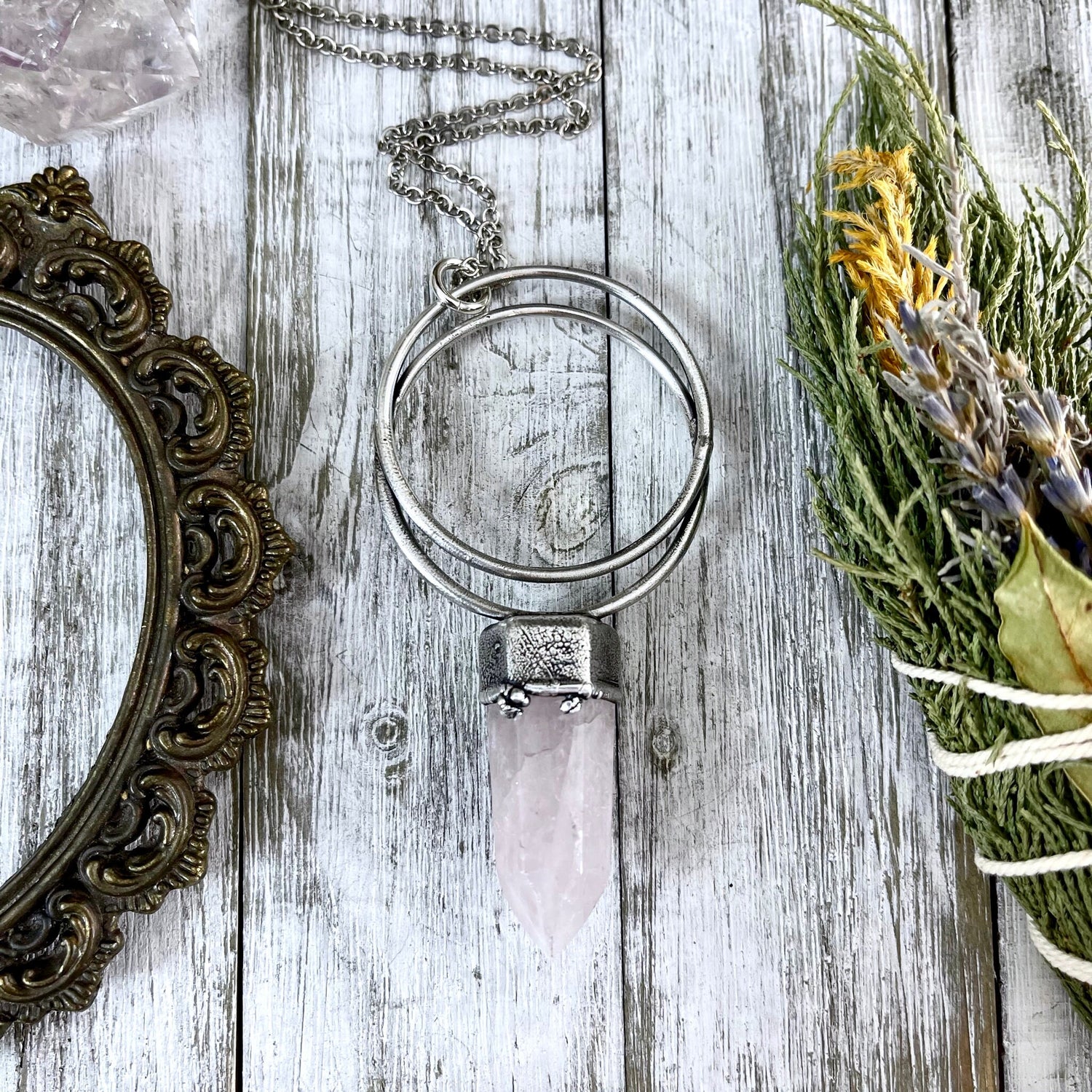 Silver Crystal Necklace Rose Quartz Necklace / Pink Quartz Necklace Natural Stone Necklace / Statement Jewelry Bohemian Jewelry