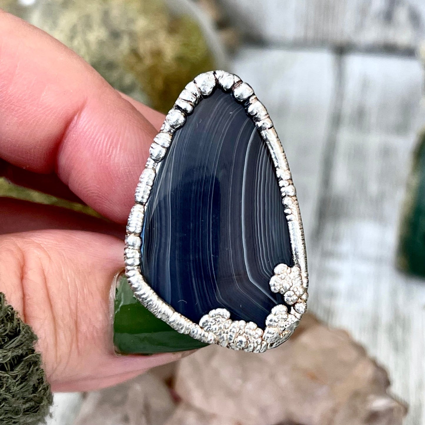 Size 6 Botswana Agate Statement Ring Set in Fine Silver / Foxlark Collection - One of a Kind