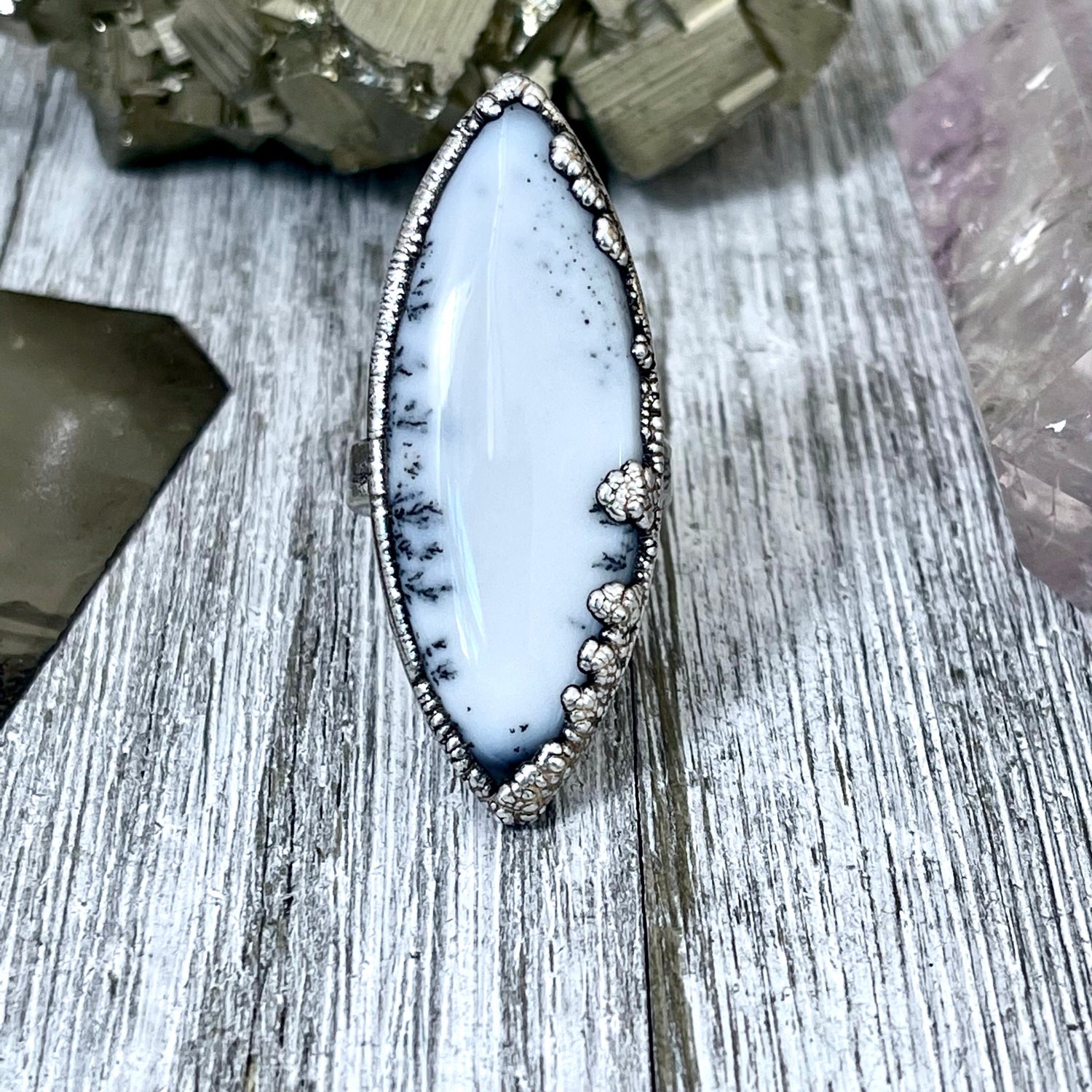 Size 8.5 Moss Opal Large Crystal Ring in Fine Silver for Woman / Foxlark Collection - One of a Kind
