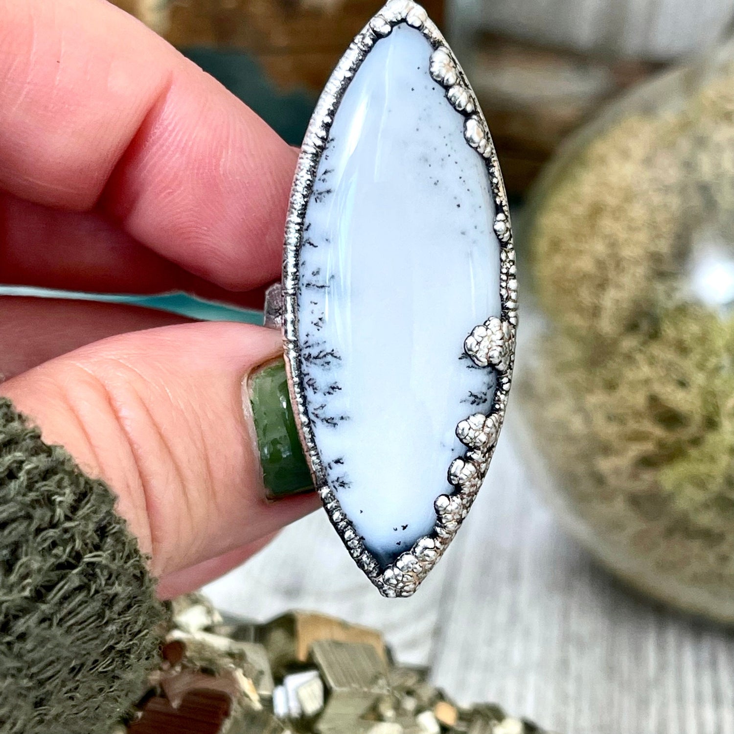 Size 8.5 Moss Opal Large Crystal Ring in Fine Silver for Woman / Foxlark Collection - One of a Kind