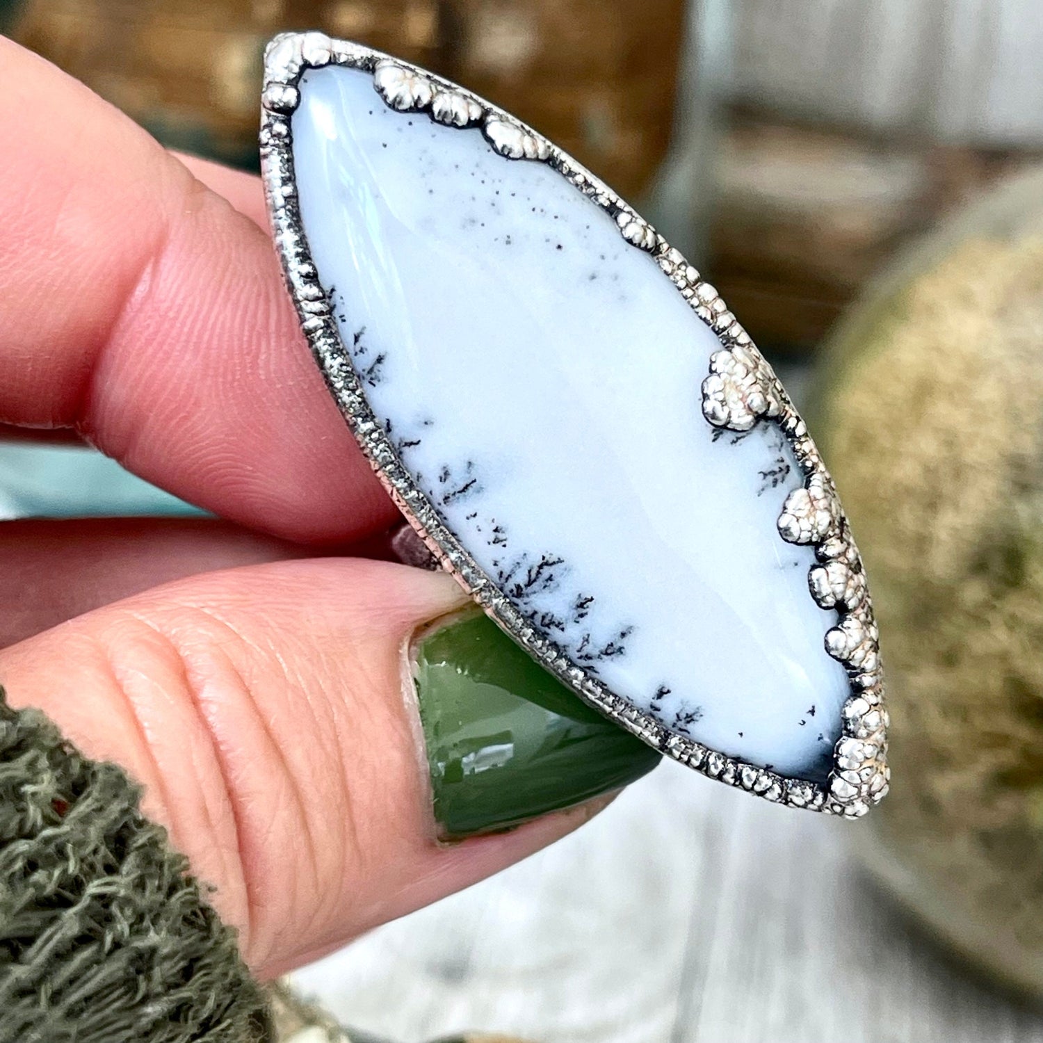 Size 8.5 Moss Opal Large Crystal Ring in Fine Silver for Woman / Foxlark Collection - One of a Kind