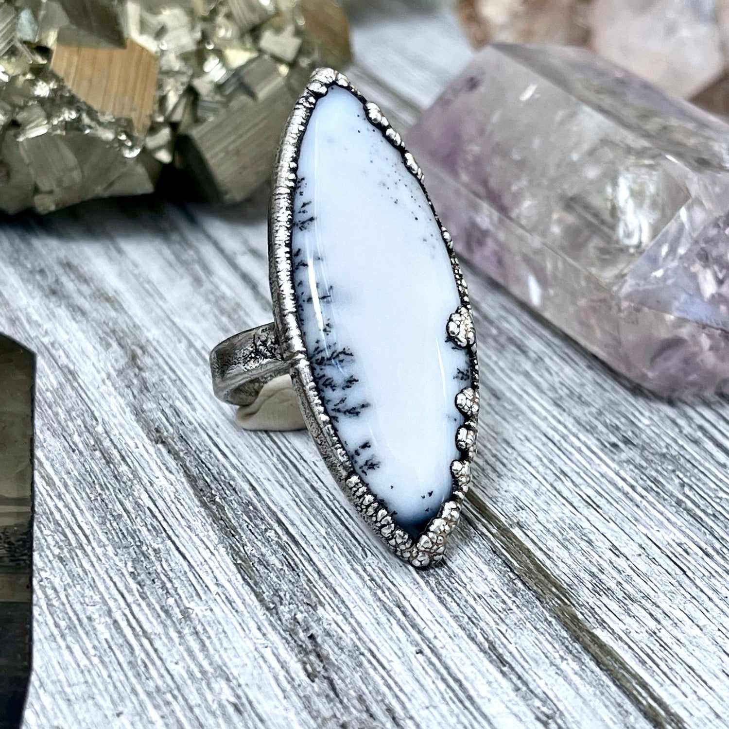 Size 8.5 Dendritic Agate Large Crystal Ring in Fine Silver for Woman /  Foxlark Collection - One of a Kind
