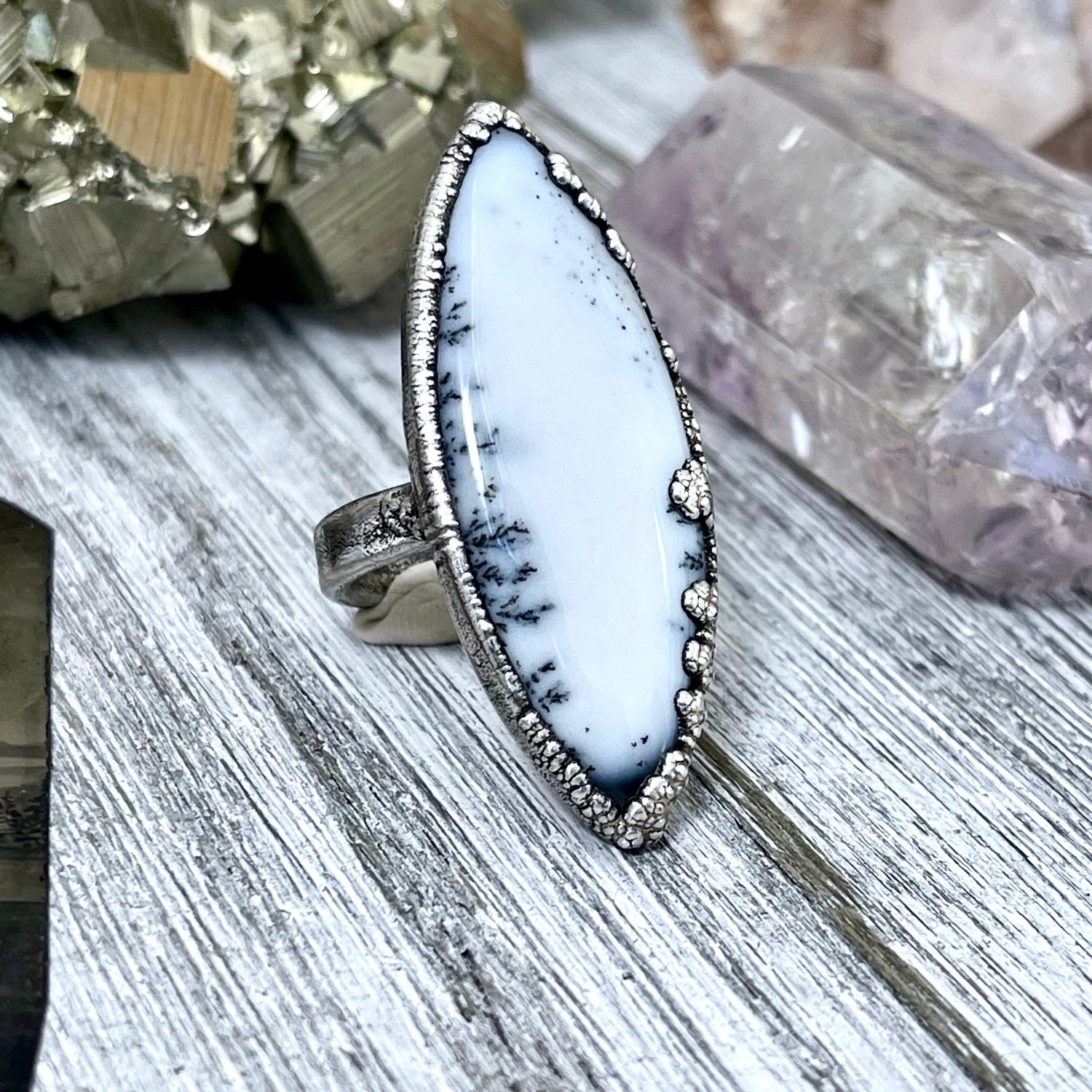 Size 8.5 Moss Opal Large Crystal Ring in Fine Silver for Woman / Foxlark Collection - One of a Kind