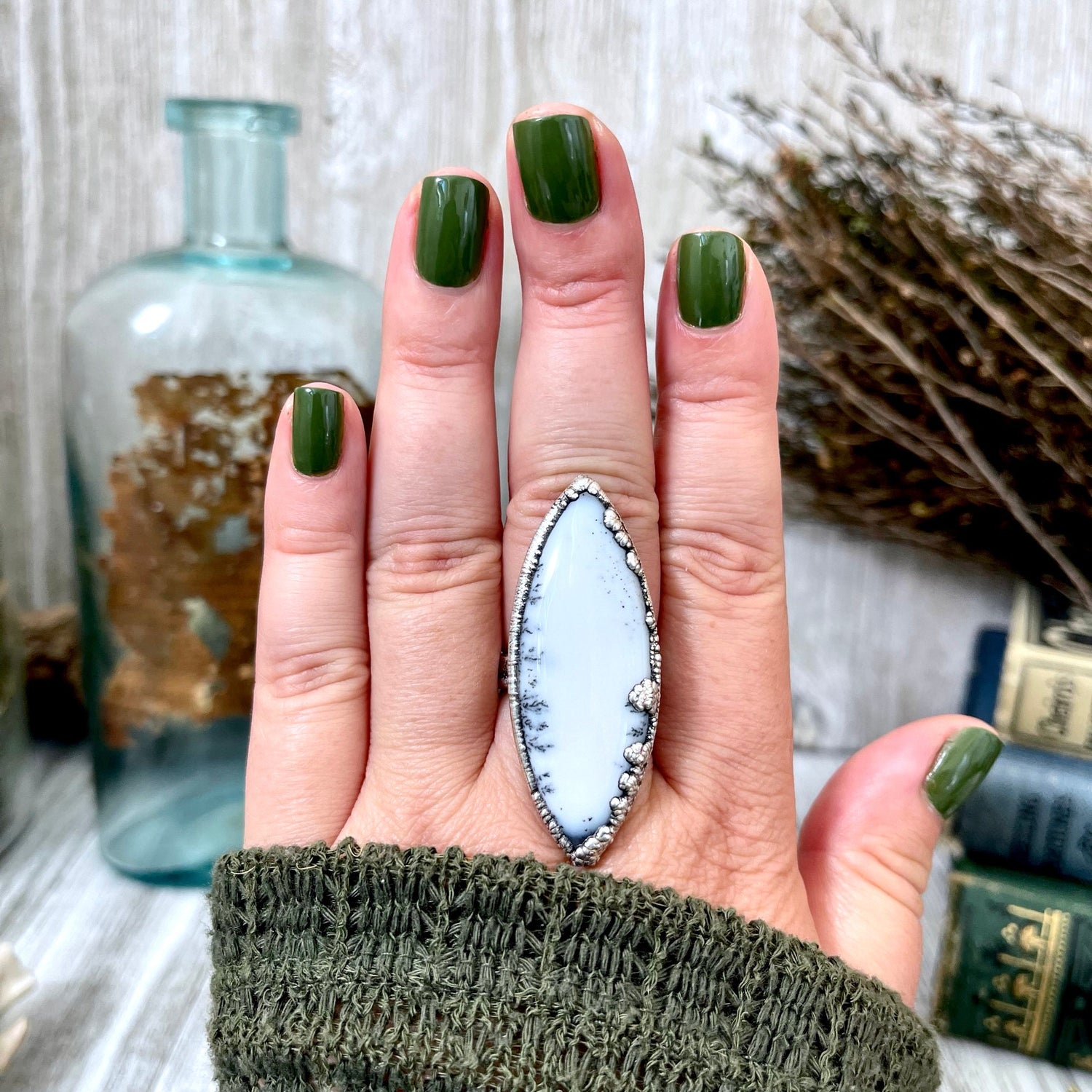 Size 8.5 Moss Opal Large Crystal Ring in Fine Silver for Woman / Foxlark Collection - One of a Kind
