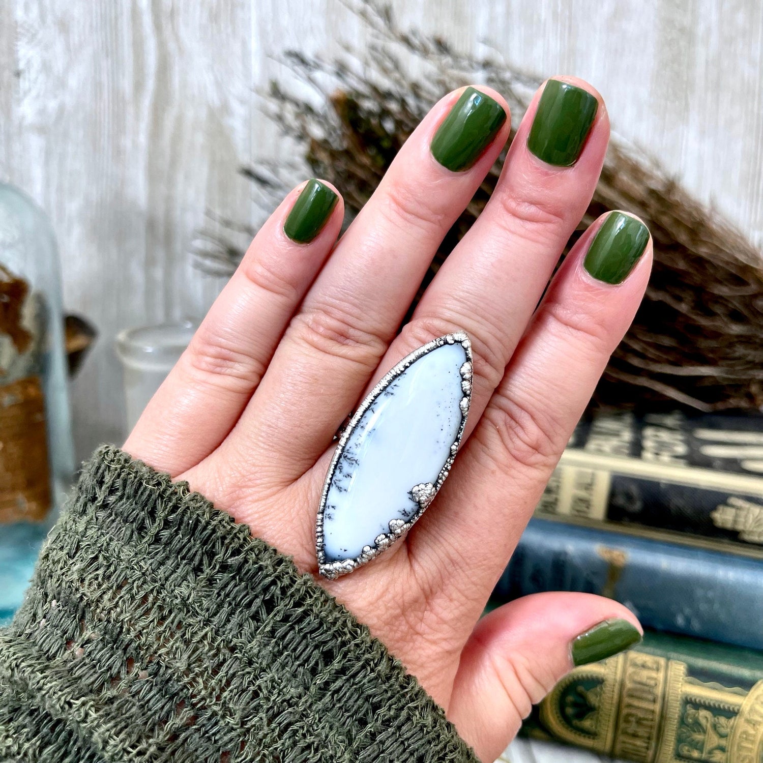 Size 8.5 Moss Opal Large Crystal Ring in Fine Silver for Woman / Foxlark Collection - One of a Kind