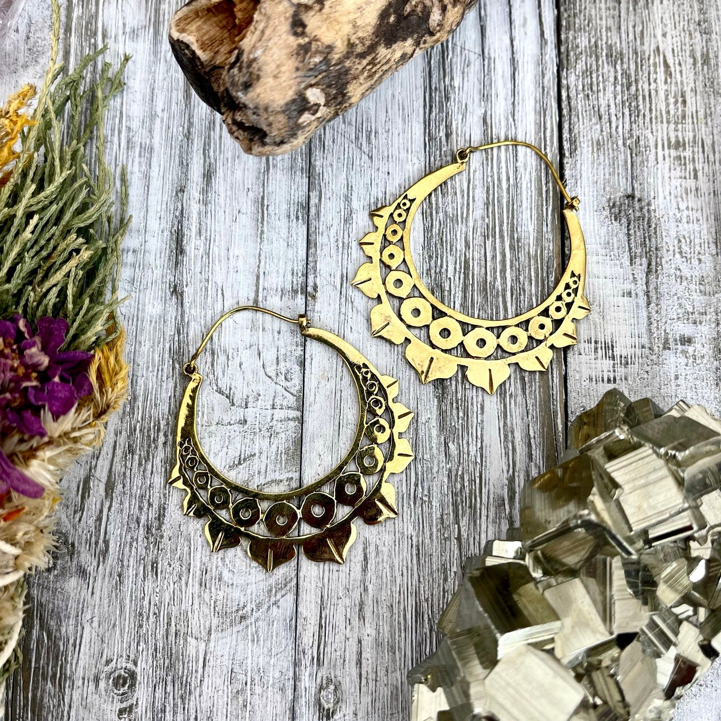 Large Brass Dots Decorated Hoop Earrings