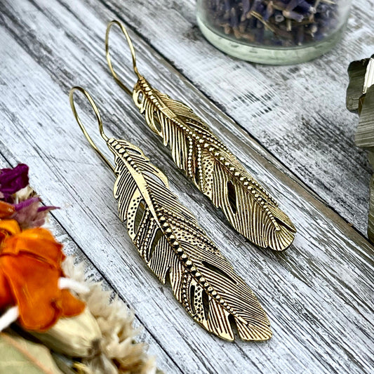 Long Large Brass Feather Earrings - Foxlark Crystal Jewelry