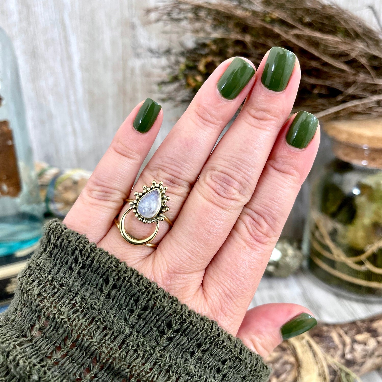 Beautiful Crescent Moon Rainbow Moonstone Statement Ring Set in Brass / Curated by FOXLARK Collection