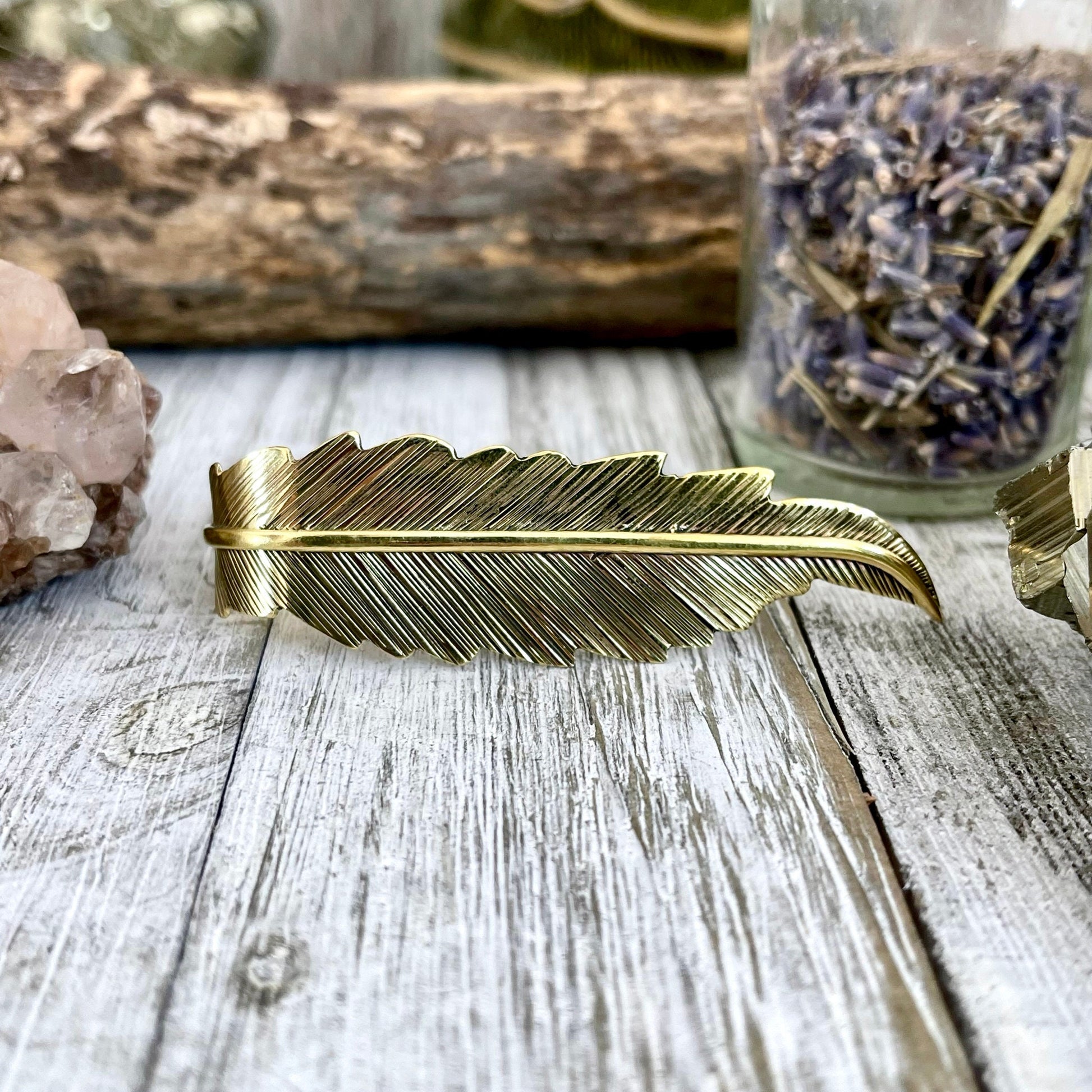Large Adjustable Brass Feather Statement Ring / Curated by FOXLARK Collection - Foxlark Crystal Jewelry