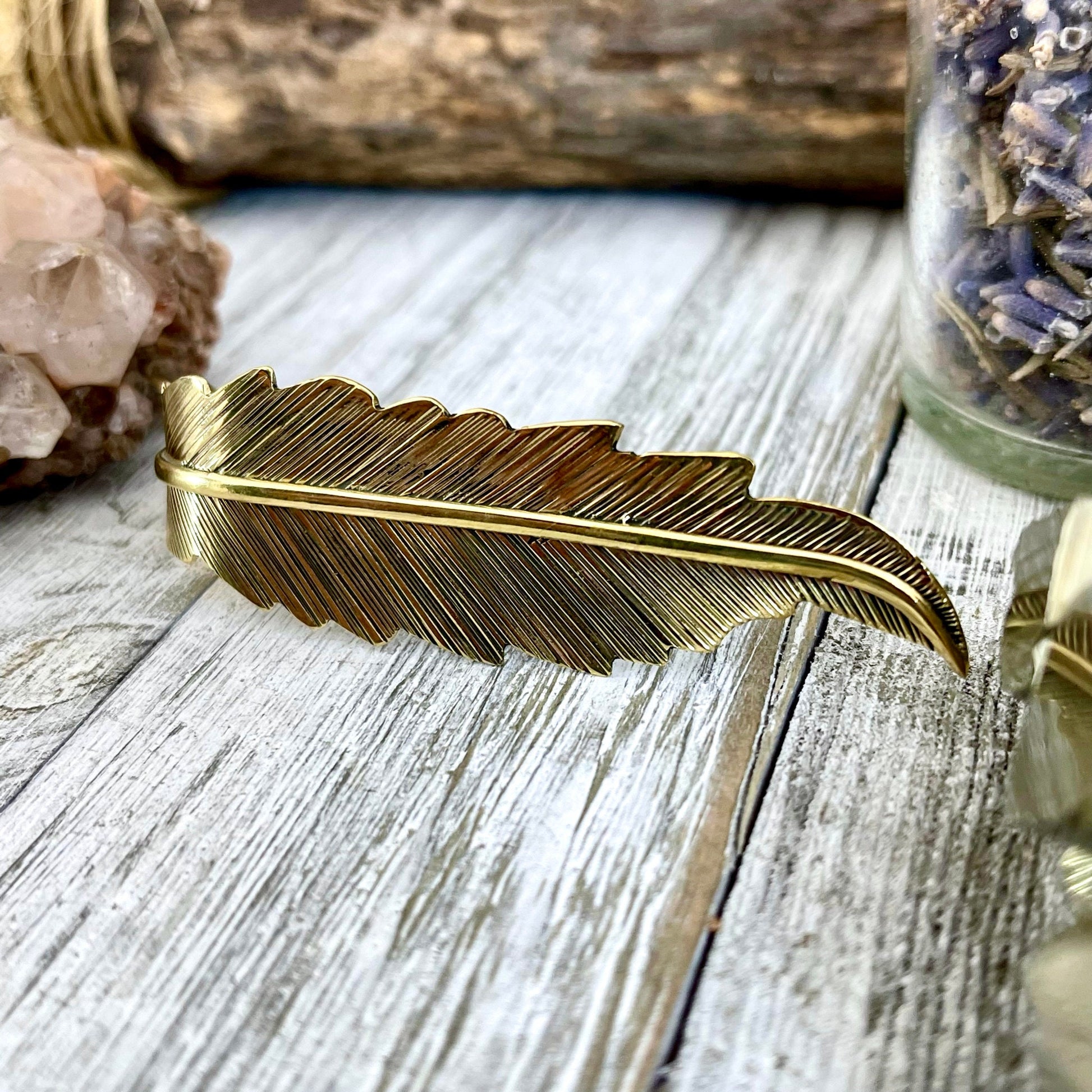 Large Adjustable Brass Feather Statement Ring / Curated by FOXLARK Collection - Foxlark Crystal Jewelry