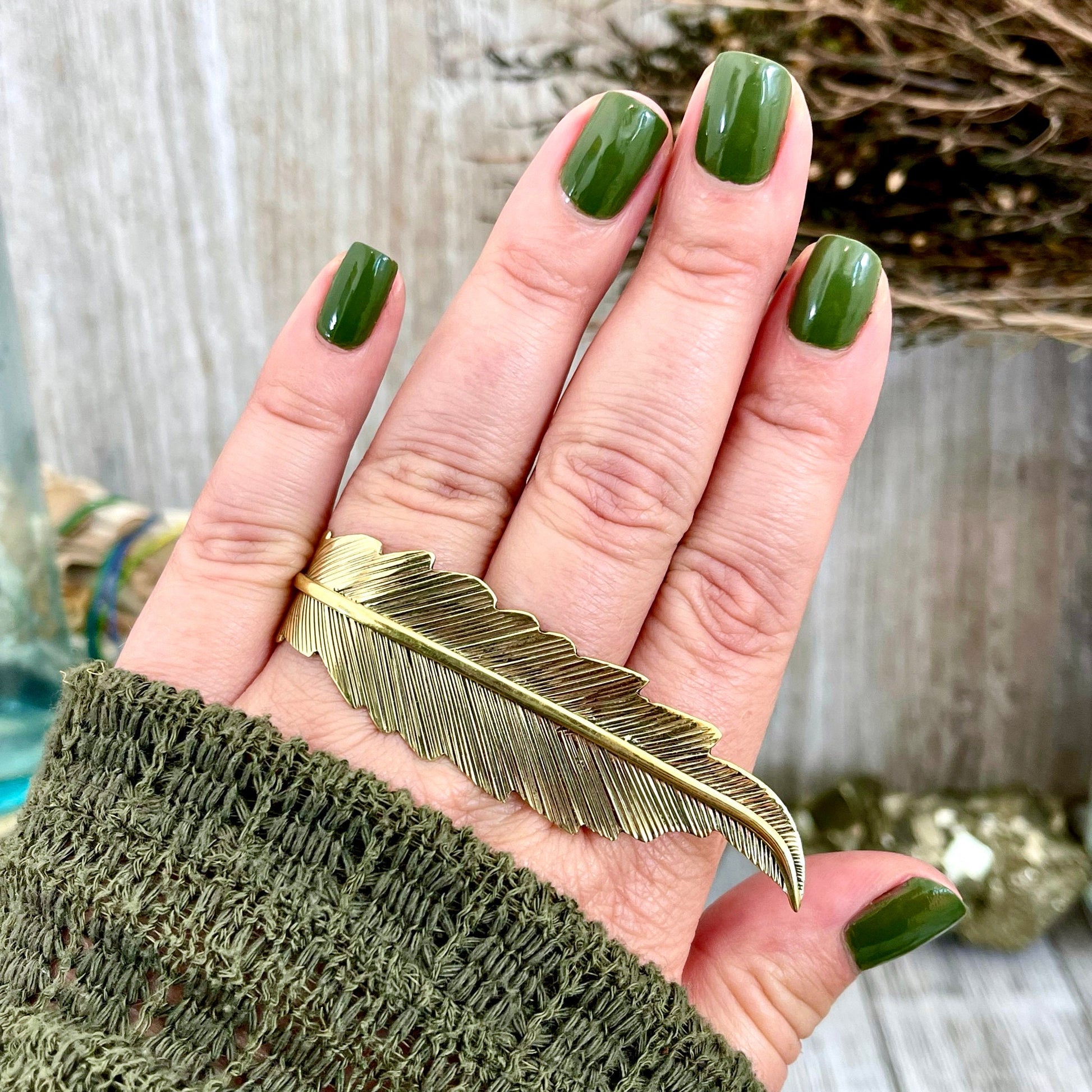 Large Adjustable Brass Feather Statement Ring / Curated by FOXLARK Collection - Foxlark Crystal Jewelry