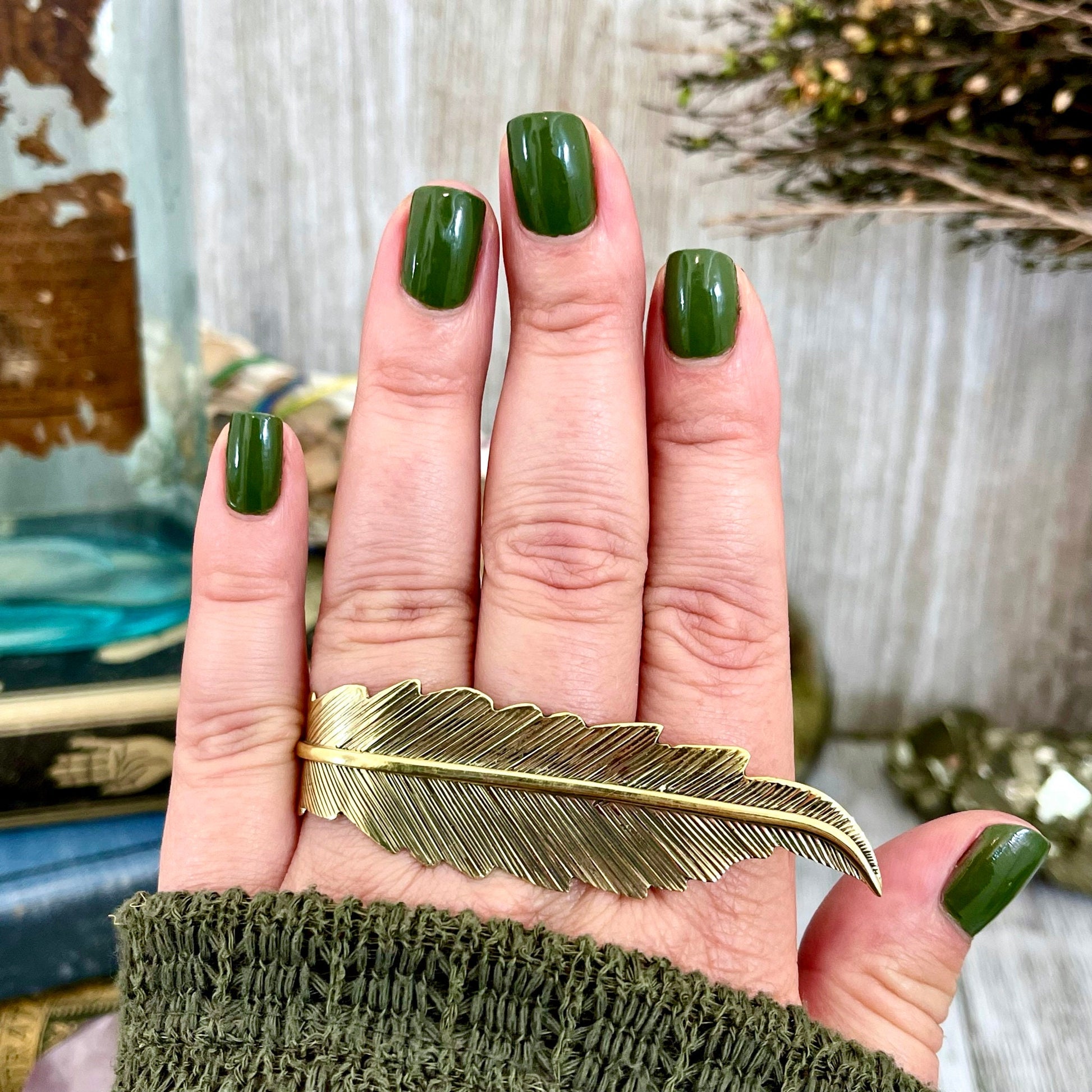 Large Adjustable Brass Feather Statement Ring / Curated by FOXLARK Collection - Foxlark Crystal Jewelry